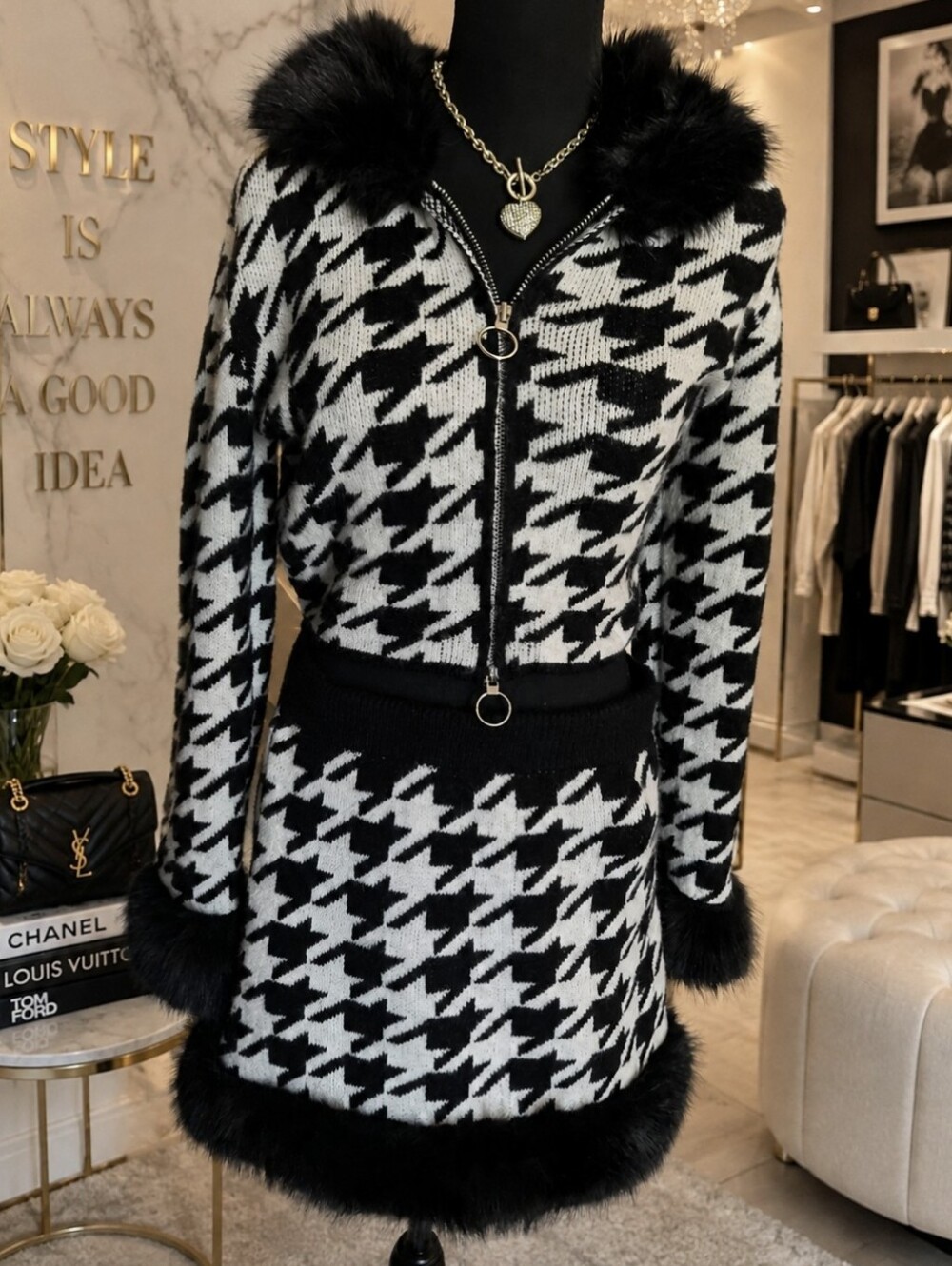 Fashion Nova Black & White Houndstooth Faux-Fur Trim Zip Jacket and Skirt Set- L